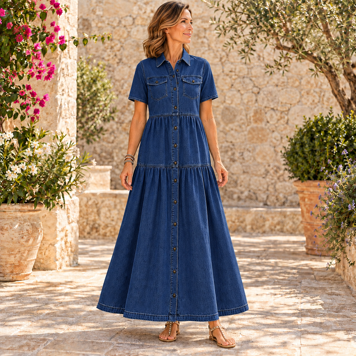 Emma™ | Belly-covering Denim Midi Dress with Buttons