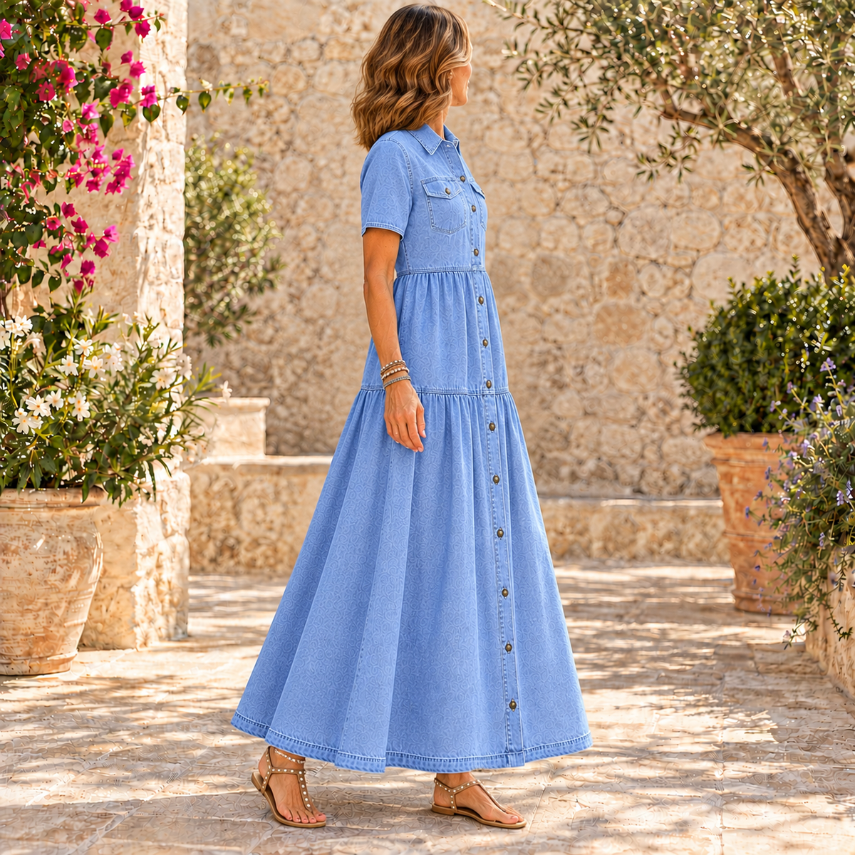 Emma™ | Belly-covering Denim Midi Dress with Buttons