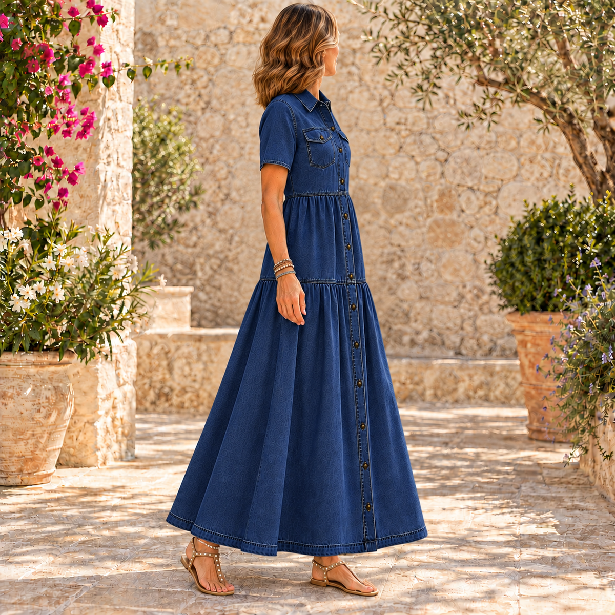 Emma™ | Belly-covering Denim Midi Dress with Buttons
