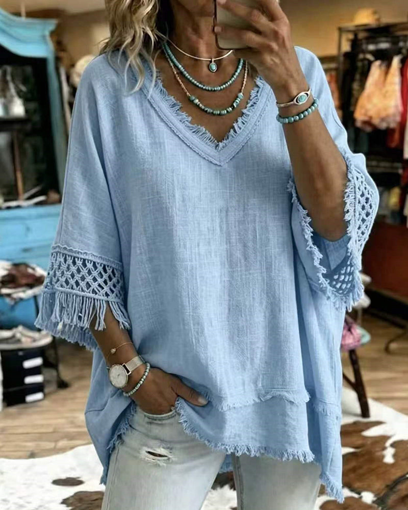 Boho Resort Crochet Fringe Trim Sleeve Top