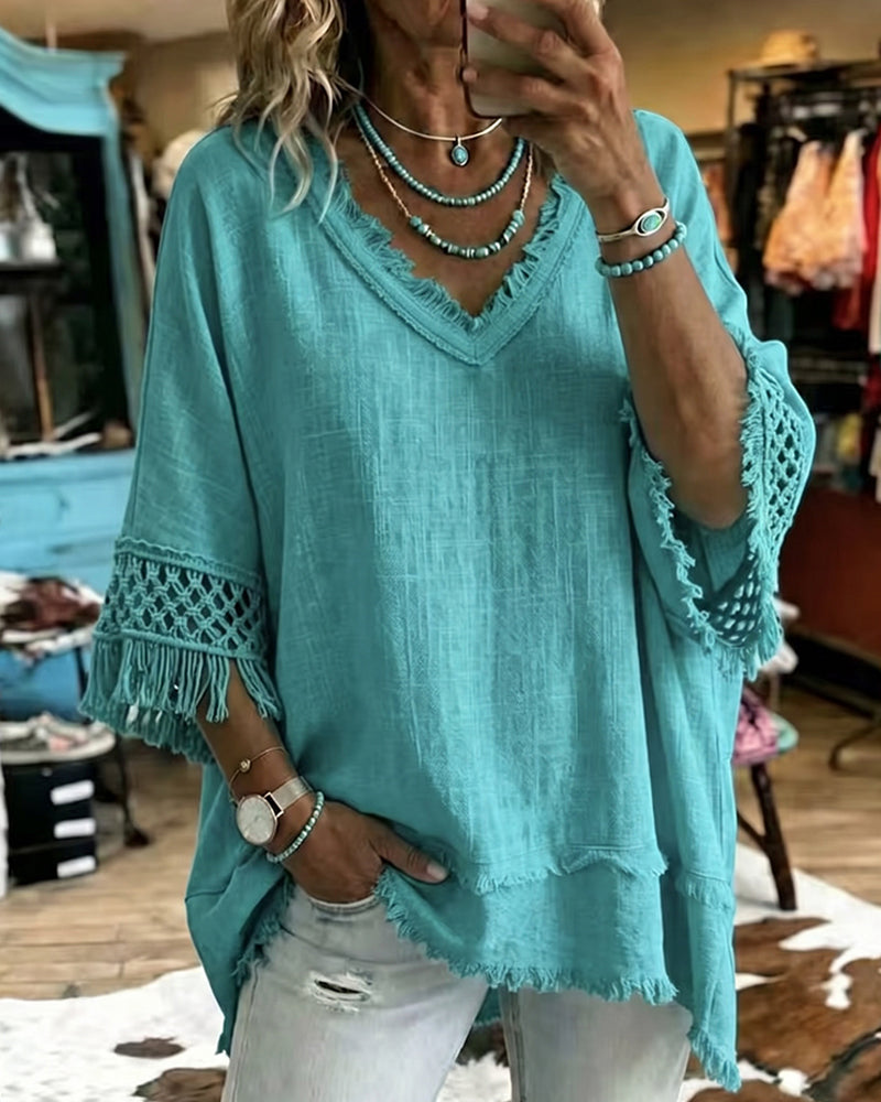 Boho Resort Crochet Fringe Trim Sleeve Top