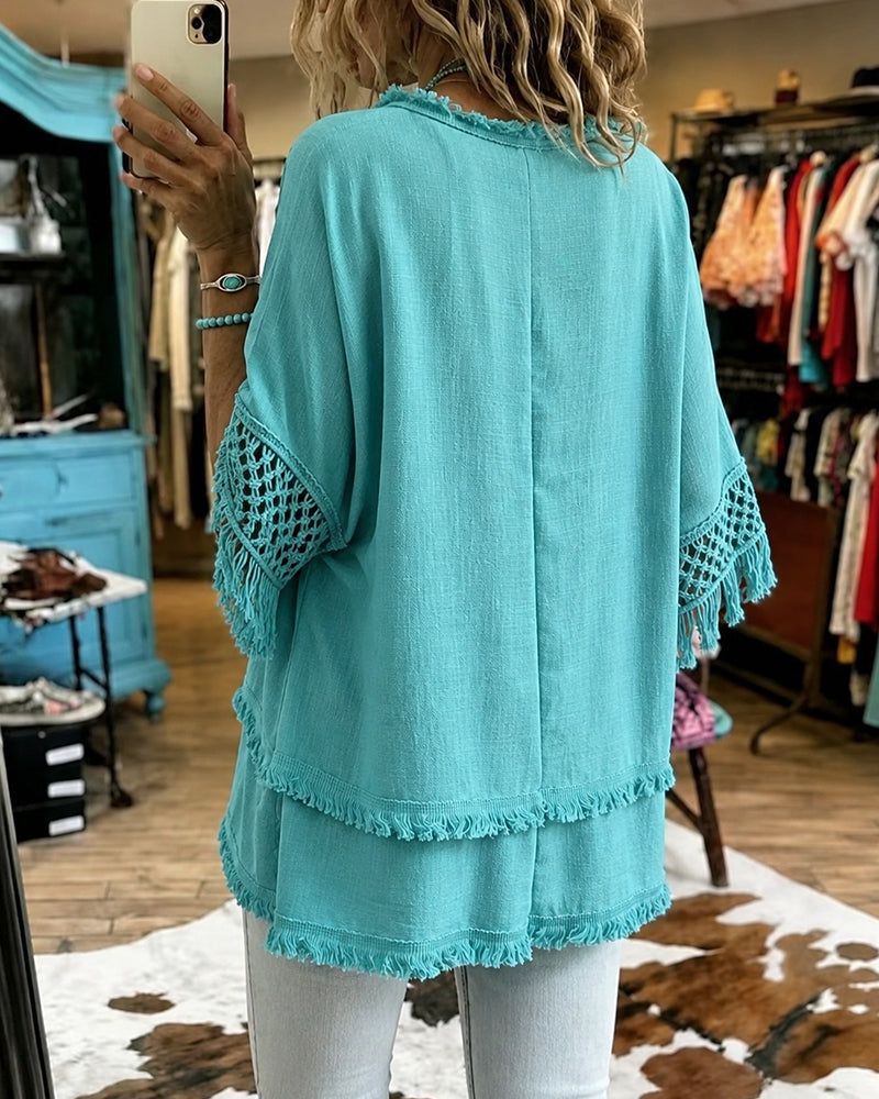 Boho Resort Crochet Fringe Trim Sleeve Top
