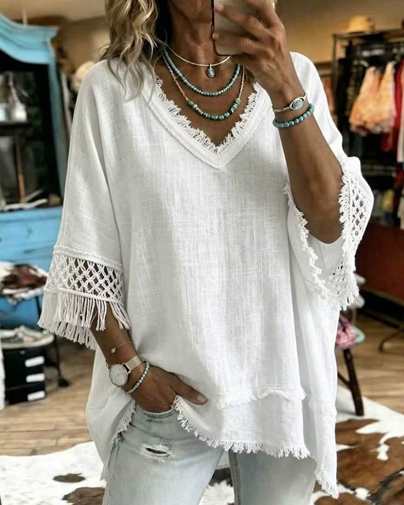 Boho Resort Crochet Fringe Trim Sleeve Top