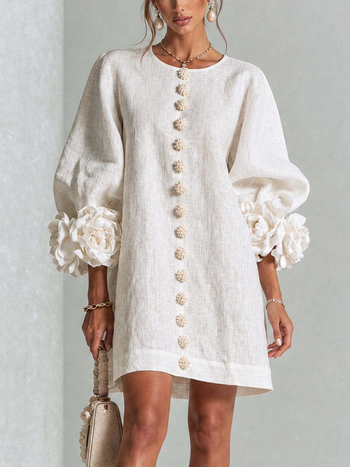 White Floral Button-down Mini Dress