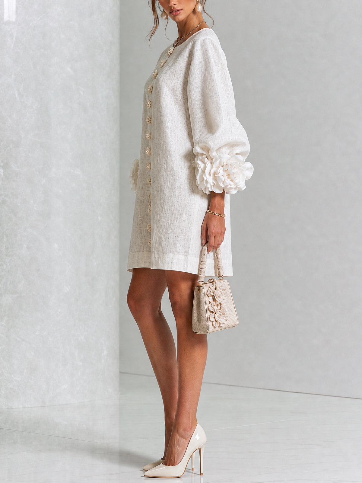 White Floral Button-down Mini Dress