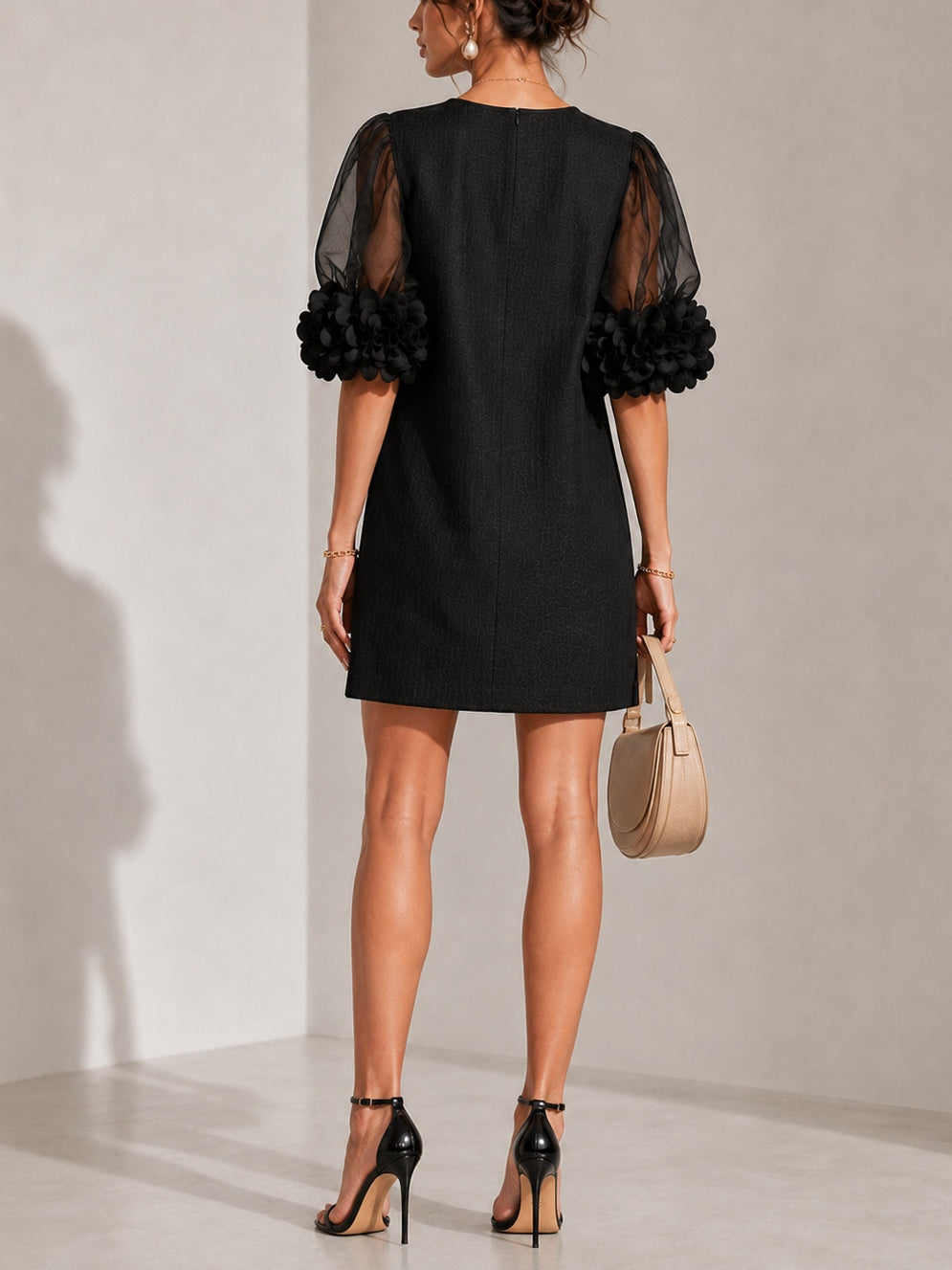 Black Organza Mini Dress with Floral Cuffs