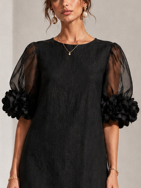 Black Organza Mini Dress with Floral Cuffs
