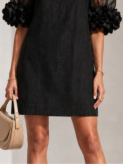 Black Organza Mini Dress with Floral Cuffs