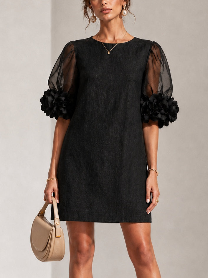 Black Organza Mini Dress with Floral Cuffs