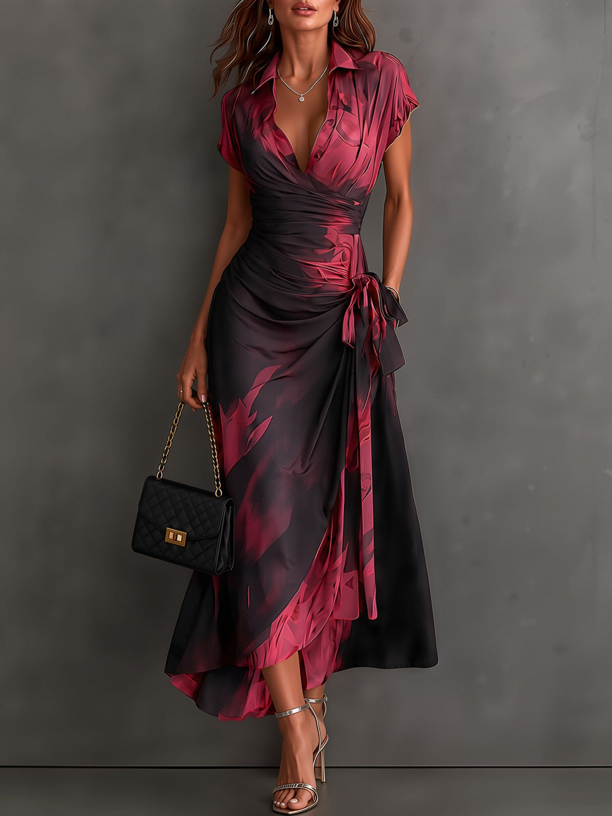 Red Abstract Wrap Dress